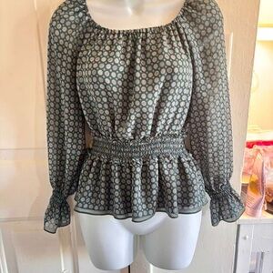 Max Studio Sheer Smocked Waist Peplum Blouse in Sage Dot